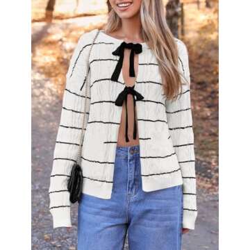 Saodimallsu Womens Striped Tie Front Cardigan Sweaters Crew Neck Long Sleeve Cable Knit Bow Knot Tre...
