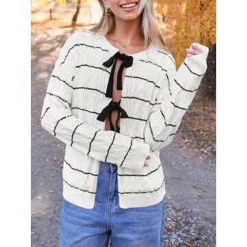 Saodimallsu Womens Striped Tie Front Cardigan Sweaters Crew Neck Long Sleeve Cable Knit Bow Knot Trendy Sweater Tops White