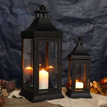 JHY DESIGN Set of 2 13''&19.5''Tall Outdoor Candle Lanterns Vintage Hanging Tower Lantern Metal Cand...