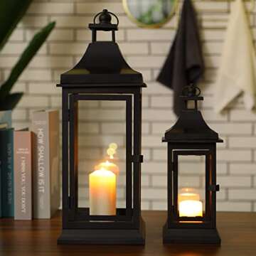 JHY DESIGN Set of 2 13''&19.5''Tall Outdoor Candle Lanterns Vintage Hanging Tower Lantern Metal Candle Holder for Garden Living Room Indoor Outdoor Parties Weddings Balcony(Black)