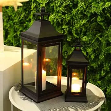 JHY DESIGN Set of 2 13''&19.5''Tall Outdoor Candle Lanterns Vintage Hanging Tower Lantern Metal Candle Holder for Garden Living Room Indoor Outdoor Parties Weddings Balcony(Black)