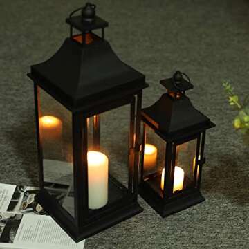 JHY DESIGN Set of 2 13''&19.5''Tall Outdoor Candle Lanterns Vintage Hanging Tower Lantern Metal Candle Holder for Garden Living Room Indoor Outdoor Parties Weddings Balcony(Black)