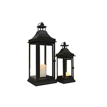 JHY DESIGN Set of 2 13''&19.5''Tall Outdoor Candle Lanterns Vintage Hanging Tower Lantern Metal Candle Holder for Garden Living Room Indoor Outdoor Parties Weddings Balcony(Black)