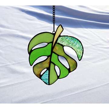 BOXCASA Variegated Monstera Stained Glass Window Hangings,Monstera Suncatcher Leaf Decor Plant Wall Art,Monstera Leaf Ornaments Gift for Mom