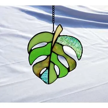 BOXCASA Variegated Monstera Stained Glass Window Hangings,Monstera Suncatcher Leaf Decor Plant Wall Art,Monstera Leaf Ornaments Gift for Mom