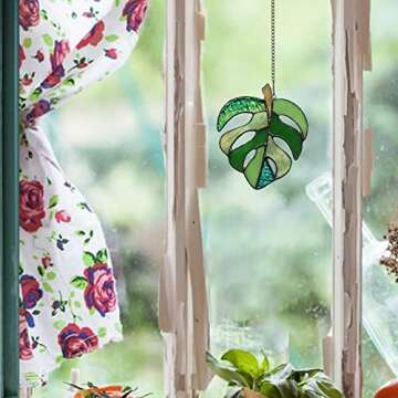 BOXCASA Variegated Monstera Stained Glass Window Hangings,Monstera Suncatcher Leaf Decor Plant Wall Art,Monstera Leaf Ornaments Gift for Mom