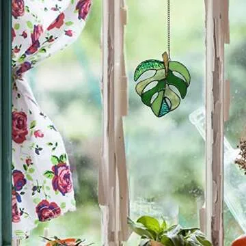 BOXCASA Variegated Monstera Stained Glass Window Hangings,Monstera Suncatcher Leaf Decor Plant Wall Art,Monstera Leaf Ornaments Gift for Mom