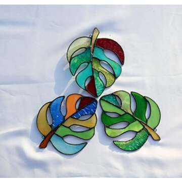 BOXCASA Variegated Monstera Stained Glass Window Hangings,Monstera Suncatcher Leaf Decor Plant Wall Art,Monstera Leaf Ornaments Gift for Mom