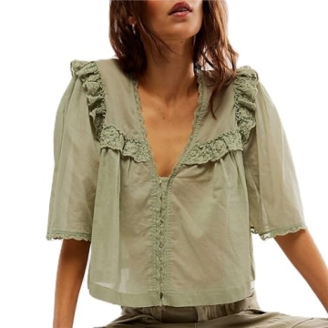 Hassembly Women Summer Cute Chiffon Shirt Low Cut V-Neck Short Sleeve Ruffle Trim Blouse Y2K Going O...