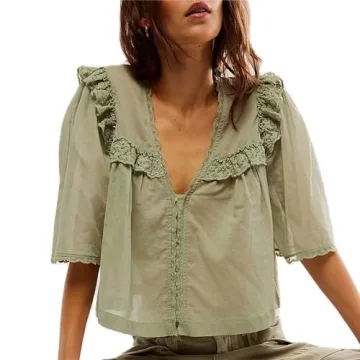 Hassembly Women Summer Cute Chiffon Shirt Low Cut V-Neck Short Sleeve Ruffle Trim Blouse Y2K Going O...