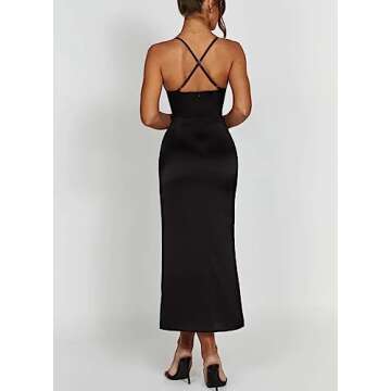 SHESEEWORLD Women's Sexy Spaghetti Strap Halter V Neck Ruched Backless High Slit Bodycon Satin Cocktail Party Maxi Dress Black