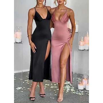 SHESEEWORLD Women's Sexy Spaghetti Strap Halter V Neck Ruched Backless High Slit Bodycon Satin Cocktail Party Maxi Dress Black