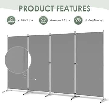 RANTILA 4 Panel Room Divider, 6 Ft Tall Folding Privacy Screen Room Dividers, Freestanding Room Partition Wall Dividers, 136''W x 20''D x 71''H, Grey