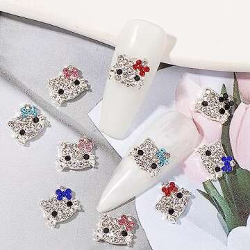 Tezocr Nail Charms Decoration Silver Nail Charms with Diamond Design Metal Kawaii Nail Charms Accessories 3D Flatback Cat Nail Charms for Acrylic Nails Cute Nail Jewelry Gems DIY Manicure 20Pcs