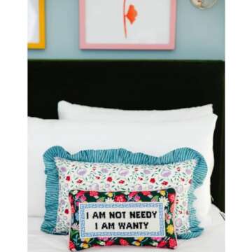FURBISH Handmade Needlepoint Decorative Throw Pillow - Not Needy - 9" x 15" - Small Embroidered Acce...