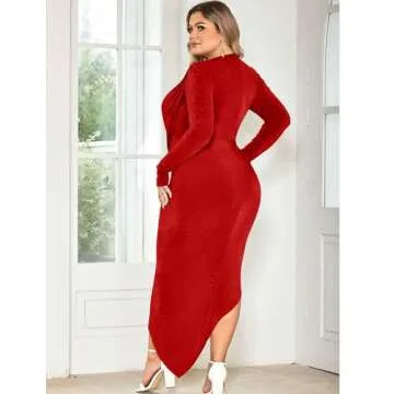 YMDUCH Women's Elegant Deep V Neck Long Sleeve Ruched Bodycon Split Party Maxi Dress Red