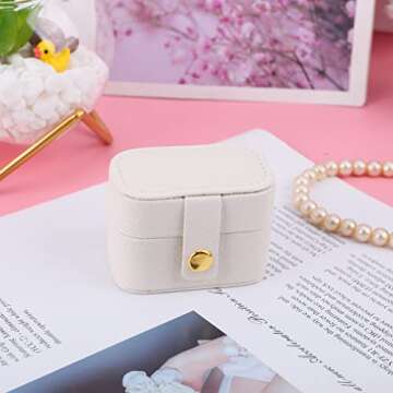 iSuperb Mini Daily Use Ring Box Small Travel Jewelry Box PU Leather jewlerrying Display Holder Portable Ring Storage Box for Women (White)