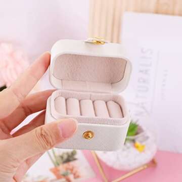 iSuperb Mini Daily Use Ring Box Small Travel Jewelry Box PU Leather jewlerrying Display Holder Portable Ring Storage Box for Women (White)