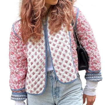 Duyang Women's Cropped Puffer Jacket Lightweight Floral Printed Open Front Quilted Coat Winter Warm ...