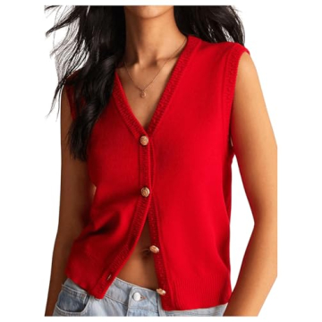 BEAUDRM Women's V Neck Sweater Vest Button Down Sleeveless Vest Cardigan Casual Knit Vest Red Large