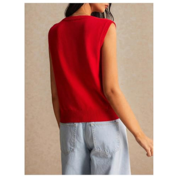 BEAUDRM Women's V Neck Sweater Vest Button Down Sleeveless Vest Cardigan Casual Knit Vest Red Large