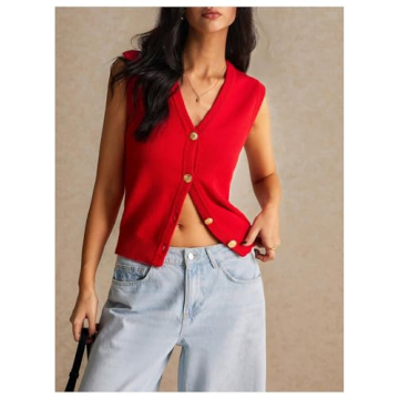 BEAUDRM Women's V Neck Sweater Vest Button Down Sleeveless Vest Cardigan Casual Knit Vest Red Large