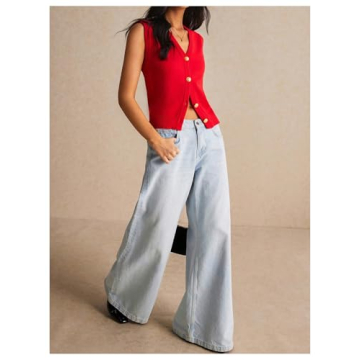 BEAUDRM Women's V Neck Sweater Vest Button Down Sleeveless Vest Cardigan Casual Knit Vest Red Large