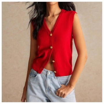 BEAUDRM Women's V Neck Sweater Vest Button Down Sleeveless Vest Cardigan Casual Knit Vest Red Large