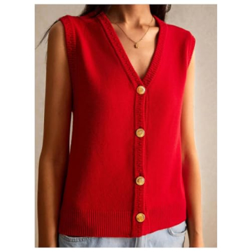 BEAUDRM Women's V Neck Sweater Vest Button Down Sleeveless Vest Cardigan Casual Knit Vest Red Large