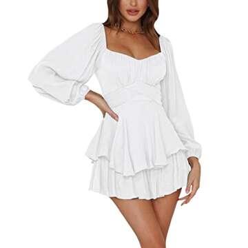 LYANER Women's Jumpsuit Lantern Long Sleeve Ruffle Layer Tie Mini Short Romper Solid White Medium