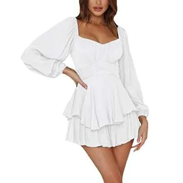 LYANER Women's Jumpsuit Lantern Long Sleeve Ruffle Layer Tie Mini Short Romper Solid White Medium