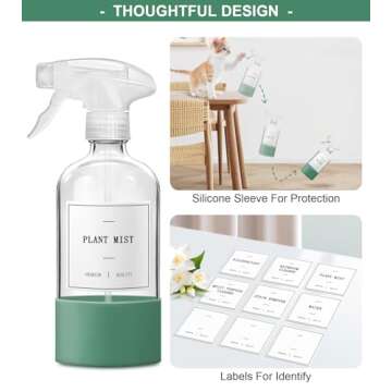 GMISUN Glass Spray Bottles for Cleaning, Spray Bottles for Cleaning Solutions 16oz, Reusable Spray Bottle for Plants, 4Pack Clear Cleaning Spray Bottle - 4 No Leak Nozzles, Silicone Sleeve, Labels