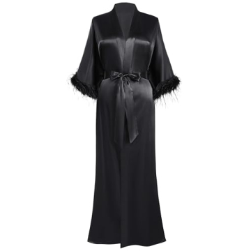 Luxurious PRODESIGN Satin Kimono Robe with Feather Trim