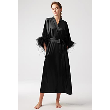 Luxurious PRODESIGN Satin Kimono Robe with Feather Trim