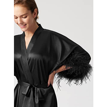 Luxurious PRODESIGN Satin Kimono Robe with Feather Trim