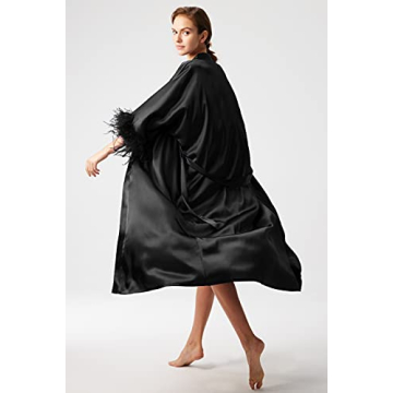 Luxurious PRODESIGN Satin Kimono Robe with Feather Trim