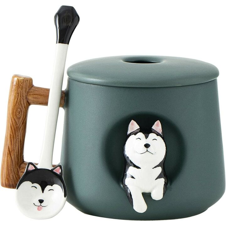 Cute 3D Husky Ceramic Coffee Mug with Lid