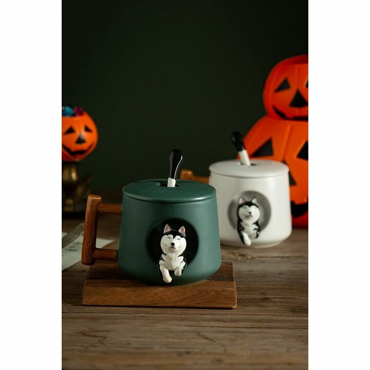 Cute 3D Husky Ceramic Coffee Mug with Lid