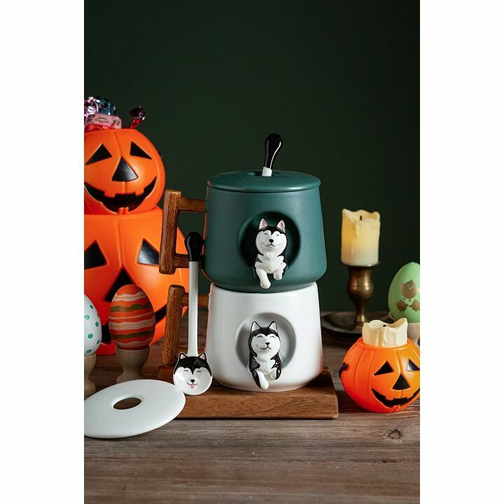 Cute 3D Husky Ceramic Coffee Mug with Lid