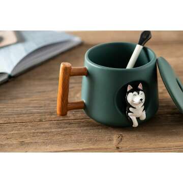 Cute 3D Husky Ceramic Coffee Mug with Lid