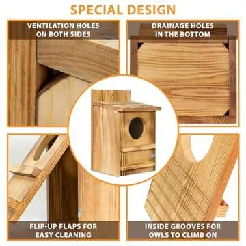 Screech Owl House, Owl Bird Box Large Handmade Wooden Circular Opening Screech Box for Outside with Mounting Screws and A Bag of Wood Shavings, Easy Assembly Required (Brown, 9" x 14.5")