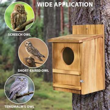 Screech Owl House, Owl Bird Box Large Handmade Wooden Circular Opening Screech Box for Outside with Mounting Screws and A Bag of Wood Shavings, Easy Assembly Required (Brown, 9" x 14.5")