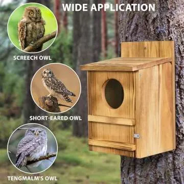 Screech Owl House, Owl Bird Box Large Handmade Wooden Circular Opening Screech Box for Outside with Mounting Screws and A Bag of Wood Shavings, Easy Assembly Required (Brown, 9" x 14.5")