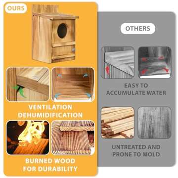 Screech Owl House, Owl Bird Box Large Handmade Wooden Circular Opening Screech Box for Outside with Mounting Screws and A Bag of Wood Shavings, Easy Assembly Required (Brown, 9" x 14.5")