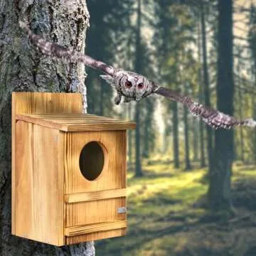 Screech Owl House, Owl Bird Box Large Handmade Wooden Circular Opening Screech Box for Outside with Mounting Screws and A Bag of Wood Shavings, Easy Assembly Required (Brown, 9" x 14.5")