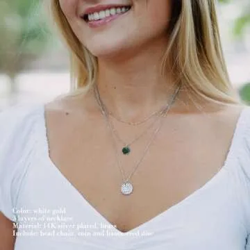 Ldurian Gold Dainty Necklace, Layered Silver Necklaces for Women, 14K White Gold-Plated Disc Necklac Layering Chokers for Women, Dainty Butterfly Stack Jewelry