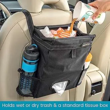 High Road Car Back Seat Trash Bag with Tissue Holder and Cup Holder Pockets - Holds Full Size Tissue Box - 2 Gal Covered Car Trash Can