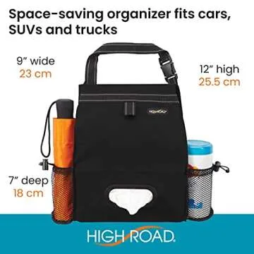 High Road Car Back Seat Trash Bag with Tissue Holder and Cup Holder Pockets - Holds Full Size Tissue Box - 2 Gal Covered Car Trash Can