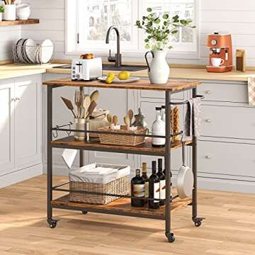 HOOBRO Kitchen Island with Storage,Industrial Kitchen Counter with Hooks and Side Enclosures, 3 Tier...