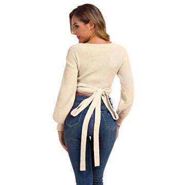 Women's Deep V-Neck Cute Knitted Sweaters Long Sleeve Wrap Front Loose Pullover Jumper Tops Apricot M